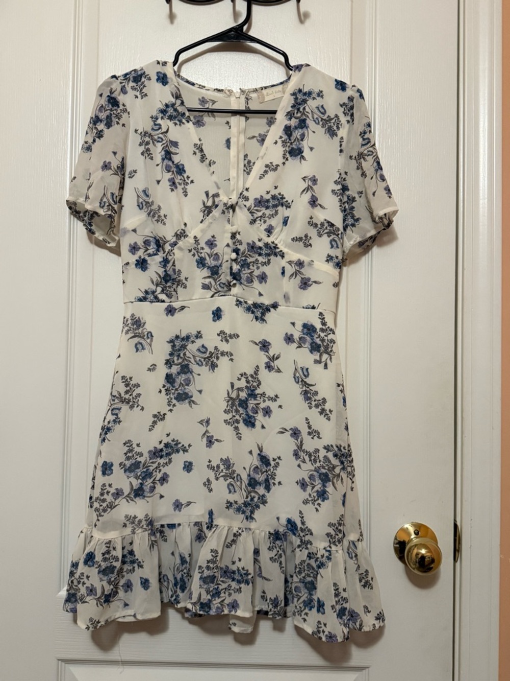 Altar'd State Cream Dress with Blue Floral Print and Ruffle Hem